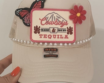Cowboys & Tequila Trucker Patch Hat, Iron On Patches, Trucker Hat, Cowgirl Trucker Hat, Woman’s Trucker Hat, Camo Trucker Hat With Patches