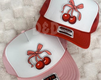 Pink and Red Cherry Bow Trucker Patch Hat, Iron Patches, Trucker Hat, Cowgirl Trucker Hat, Woman’s Trucker Hat, Trucker Hat With Patches