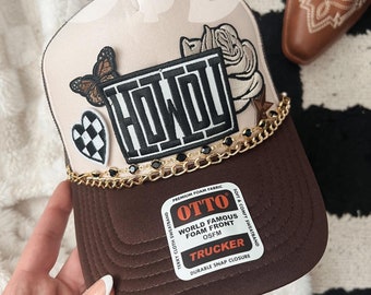 Howdy Darlin’  Trucker Patch Hat, Iron Patches, Trucker Hat, Cowgirl Trucker Hat, Woman’s Trucker Hat, Camo Trucker Hat With Patches