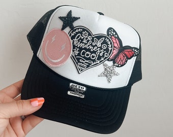 Trucker Patch Hat, Iron Patches, Trucker Hat, Cowgirl Trucker Hat, Woman’s Trucker Hat, Kindness Is Cool Trucker Hat With Patches