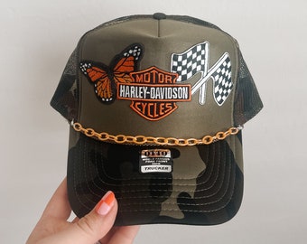 Harley Davidson Trucker Patch Hat, Iron On Patches, Trucker Hat, Cowgirl Trucker Hat, Woman’s Trucker Hat, Camo Trucker Hat With Patches