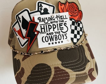 Trucker Patch Hat, Iron Patches, Trucker Hat, Cowgirl Trucker Hat, Woman’s Trucker Hat, Camo Trucker Hat With Patches