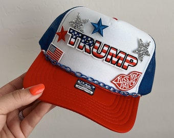 Trump USA Trucker Patch Hat, Iron Patches, Trucker Hat, Cowgirl Trucker Hat, Woman’s Trucker Hat, Camo Trucker Hat With Patches