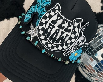Cowgirl Yee Haw Trucker Patch Hat, Iron Patches, Trucker Hat, Cowgirl Trucker Hat, Woman’s Trucker Hat, Camo Trucker Hat With Patches