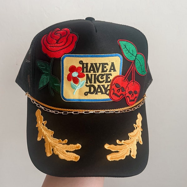 Trucker Patch Hat, Iron Patches, Trucker Hat, Cowgirl Trucker Hat, Woman’s Trucker Hat, Have A Nice Day Trucker Hat With Patches