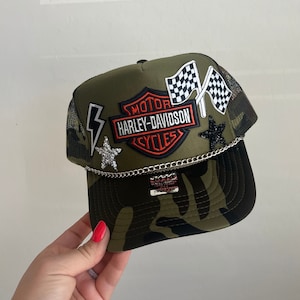 Harley Davidson Trucker Patch Hat, Iron Patches, Trucker Hat, Cowgirl Trucker Hat, Woman’s Trucker Hat, Camo Trucker Hat With Patches