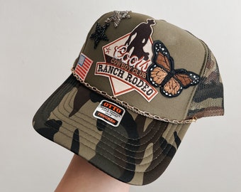 Trucker Patch Hat, Iron Patches, Trucker Hat, Cowgirl Trucker Hat, Woman’s Trucker Hat, Camo Trucker Hat With Patches