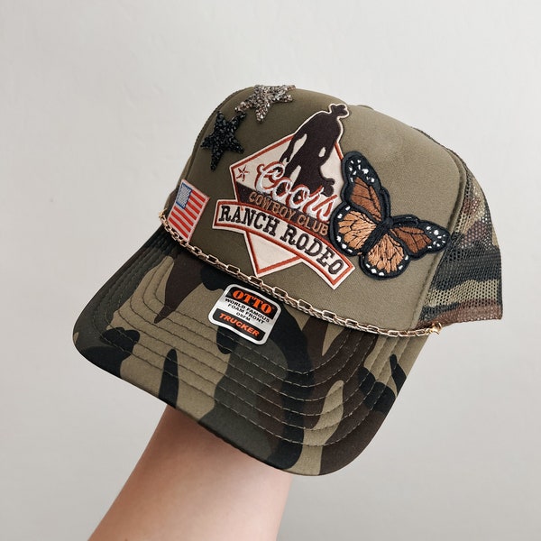 Trucker Patch Hat, Iron Patches, Trucker Hat, Cowgirl Trucker Hat, Woman’s Trucker Hat, Camo Trucker Hat With Patches