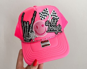 Trucker Patch Hat, Iron Patches, Trucker Hat, Cowgirl Trucker Hat, Woman’s Trucker Hat, Neon Pink Trucker Hat With Patches