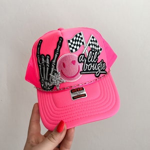 Trucker Patch Hat, Iron Patches, Trucker Hat, Cowgirl Trucker Hat, Woman’s Trucker Hat, Neon Pink Trucker Hat With Patches