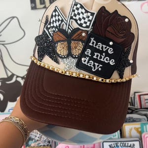 Have A Nice Day Trucker Patch Hat, Iron Patches, Trucker Hat, Cowgirl Trucker Hat, Woman’s Trucker Hat, Camo Trucker Hat With Patches