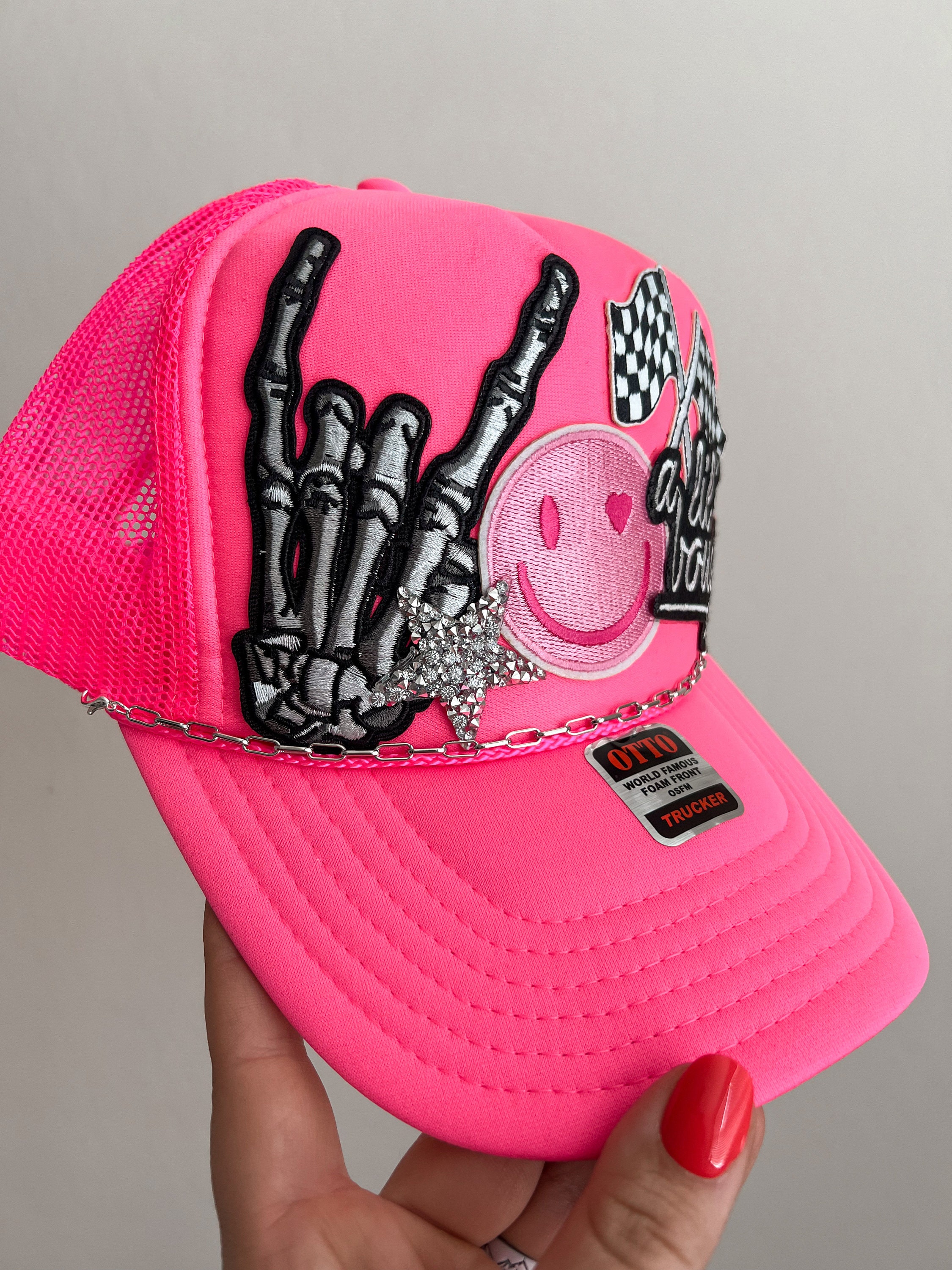 Neon Pink Trucker Hat: Iron-on Patches, Adjustable Snapback 