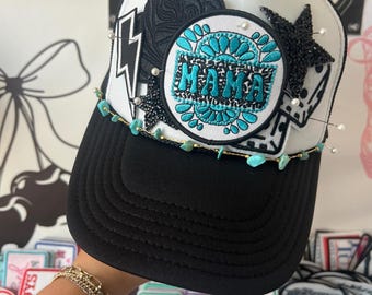 Mama Trucker Patch Hat, Iron Patches, Trucker Hat, Cowgirl Trucker Hat, Woman’s Trucker Hat, Camo Trucker Hat With Patches