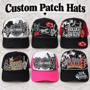 May include: Six trucker hats with custom patches and chain accents. Designs include Harley-Davidson logos, cherries, playing cards, skeleton hands, and text like Mama Fried, Boujee Bitch, Biker Babe, Mama, and a lil bougie. The hats feature varied color schemes.