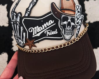 Cowgirl Skull Western Trucker Patch Hat, Iron Patches, Trucker Hat, Cowgirl Trucker Hat, Woman’s Trucker Hat, Camo Trucker Hat With Patches