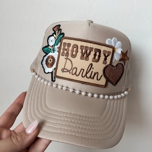 Howdy Darlin’  Trucker Patch Hat, Iron Patches, Trucker Hat, Cowgirl Trucker Hat, Woman’s Trucker Hat, Camo Trucker Hat With Patches