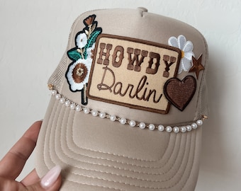 Howdy Darlin’  Trucker Patch Hat, Iron Patches, Trucker Hat, Cowgirl Trucker Hat, Woman’s Trucker Hat, Camo Trucker Hat With Patches