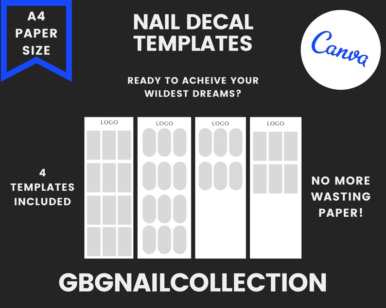 Nail Decal Template Digital A4 Size | Instant Download | 4 Customizable Templates | Custom Water Nails Decals | Waterslide Nail Template 