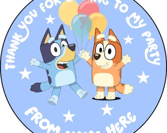 Adesivi personalizzati di compleanno Blue Bluey, grazie per essere venuti alla mia festa, adesivi per coni di caramelle, adesivi per sacchetti regalo.