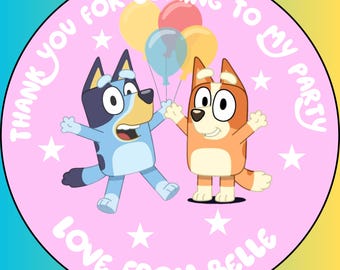 Adesivi personalizzati per feste a tema Bluey / Adesivi di compleanno ispirati a Bluey / Coni di caramelle / Sacchetti regalo e bomboniere / Regali di ringraziamento