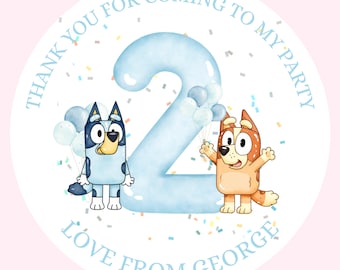 Adesivi personalizzati di compleanno Blue Bluey, grazie per essere venuti alla mia festa, adesivi per coni di caramelle, adesivi per sacchetti regalo.