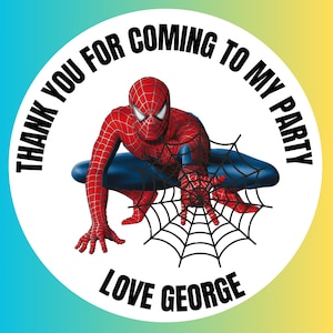 Adesivi personalizzati di Spiderman per il compleanno, etichette di ringraziamento per sacchetti regalo per feste. immagine 1