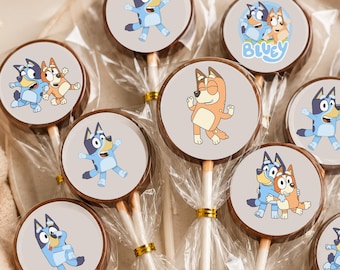 Sucettes au chocolat bleues pour l'anniversaire Bluey, gâteries pour sacs de fête, cadeaux Bluey. Sacs de fête