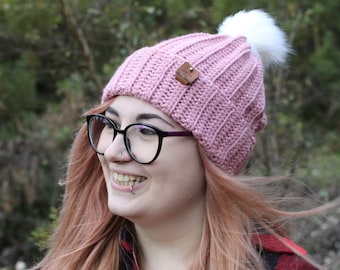 Pom pom hat, beanie hat for women, winter hat, mothers day gift uk, handmade hat with pom pom, birthday gift for sister, vegan beanie