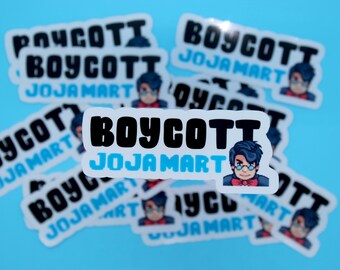 May include: Several white stickers with the text "BOYCOTT JOJAMART" in black bold lettering. Each sticker features a pixelated cartoon character with blue hair, glasses, and a red bow tie.