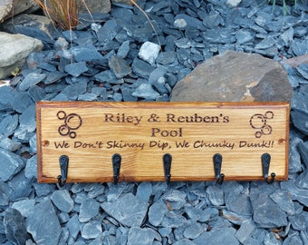 Personalised laser engraved wooden Hot tub/ Pool/ Spa/ Summerhouse sign! Perfect Towel holder with black hooks, for goggles, keys etc