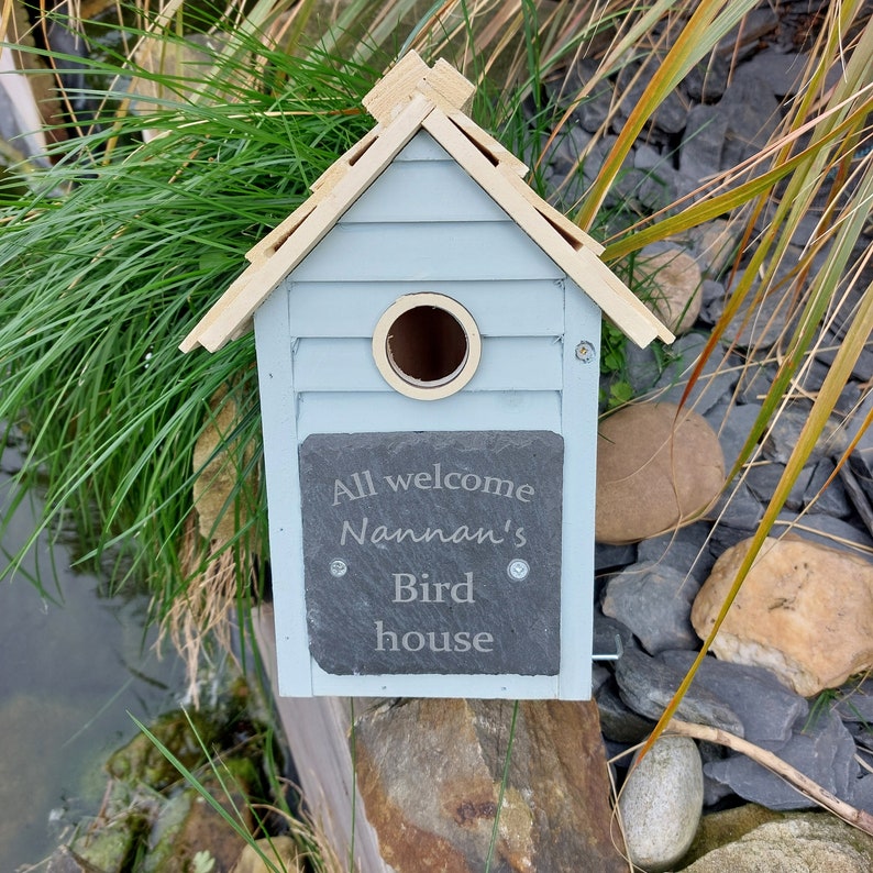 Personalised Bird Box, Bird House, Grey or Blue, laser engraved slate front.Great Gardener's gift idea, bird watcher's gift idea,Garden gift zdjęcie 7