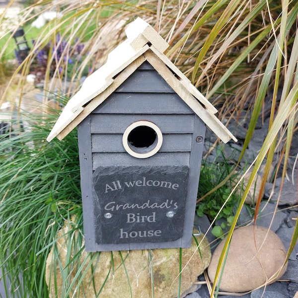 Personalised Bird Box, Bird House, Grey or Blue, laser engraved slate front.Great Gardener's gift idea, bird watcher's gift idea,Garden gift