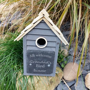 Personalised Bird Box, Bird House, Grey or Blue, laser engraved slate front.Great Gardener's gift idea, bird watcher's gift idea,Garden gift zdjęcie 2