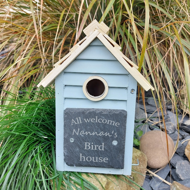 Personalised Bird Box, Bird House, Grey or Blue, laser engraved slate front.Great Gardener's gift idea, bird watcher's gift idea,Garden gift zdjęcie 6