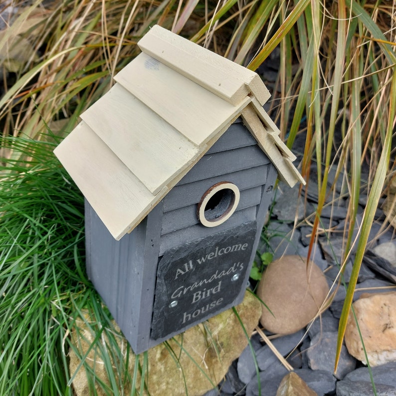 Personalised Bird Box, Bird House, Grey or Blue, laser engraved slate front.Great Gardener's gift idea, bird watcher's gift idea,Garden gift zdjęcie 3