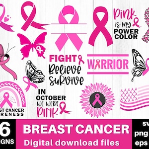 Breast Cancer Awareness Ribbon SVG Bundle: 16 Designs (Digital Download)