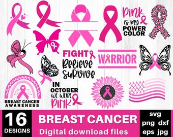 Breast Cancer Awareness Ribbon SVG Bundle: 16 Designs (Digital Download)