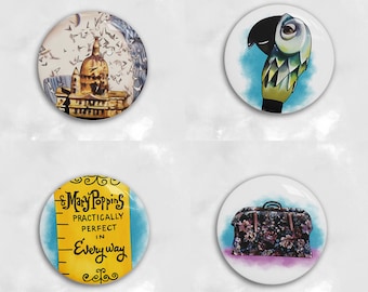 Set of 4 badges inspired by the 1964 Disney film Mary Poppins Julie Andrews