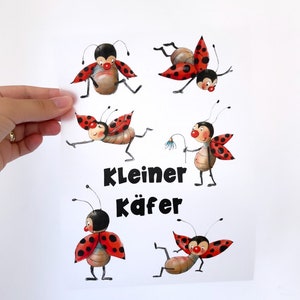 May include: A sheet of paper featuring cartoon ladybugs in various poses. The ladybugs have red wings with black spots, black heads, and brown bodies. The text "Kleiner Käfer" is printed in black below the illustrations.