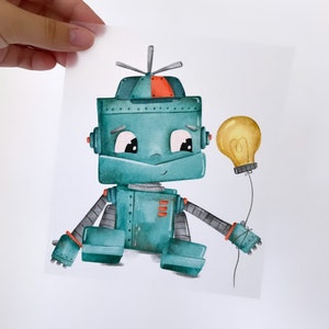 Peut inclure: Un robot bleu turquoise avec un chapeau rouge et orange tient une ampoule jaune. Le robot a une expression amicale et est assis.