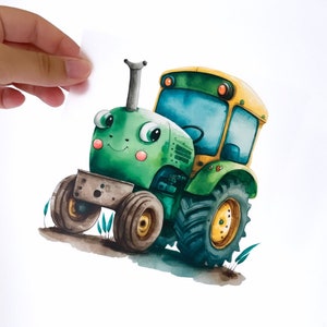 May include: A green and yellow cartoon tractor with a smiling face, big eyes, and a black exhaust pipe. The tractor has two large wheels and a smaller wheel at the front. The tractor is on a brown dirt path with green grass.