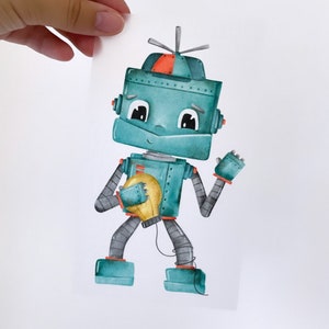 Peut inclure: Une illustration aquarelle d'un robot turquoise avec un chapeau rouge et blanc tenant une ampoule jaune. Le robot a une expression amicale et se tient debout avec un bras levé.