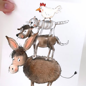 May include: A brown donkey with a fluffy coat is standing on a white background. A brown and white dog is standing on the donkey's back. A grey cat is standing on the dog's back. A white chicken with a red comb is standing on the cat's back.