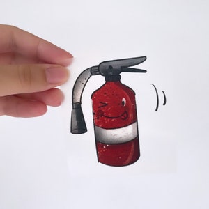 May include: A red fire extinguisher with a white stripe and a cartoon face that is winking. The extinguisher has a black nozzle and is on a white background.