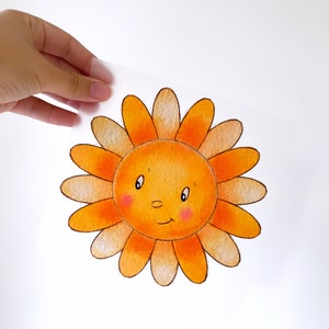 May include: A hand-painted watercolour illustration of a smiling sun with a yellow and orange flower shape.