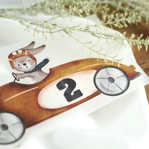 Può includere: Una carta illustrata con un coniglio che indossa un casco da corsa e guida un'auto da corsa marrone con il numero "2" sul lato.