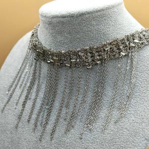 Handmade Silver Color Brass Chain Necklace with Fringe – Woven Statement Collar Jewelry