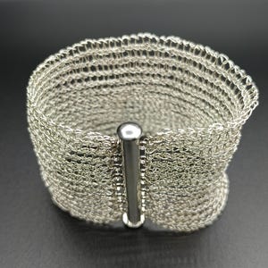 Silver-Colored Copper Wire Knit Bracelet – Wide Handmade Cuff – Elegant Jewelry for Her