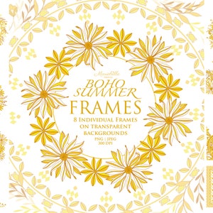 May include: A set of eight boho summer frames featuring yellow floral designs. The frames are perfect for adding a touch of summer to your projects.