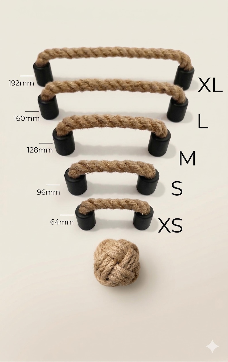May include: A collection of rope-style cabinet pulls in various sizes, ranging from XS to XL, with measurements in millimeters. Each pull features a natural rope handle and black cylindrical end pieces. A decorative rope knot is also included.
